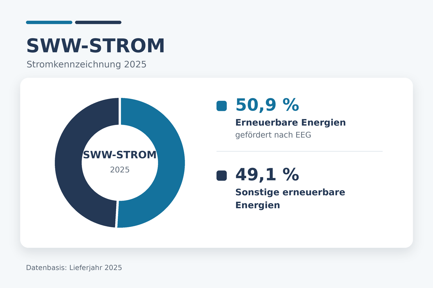 Stromkennzeichnung für SWW-Strom 2025: 50,9 Prozent erneuerbare Energien, gefördert nach EEG, und 49,1 Prozent sonstige erneuerbare Energien.
