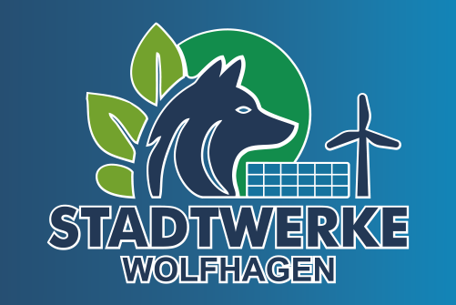 Logo der Stadtwerke Wolfhagen mit Wolf, Blättern, Solarmodulen und Windenergieanlage.