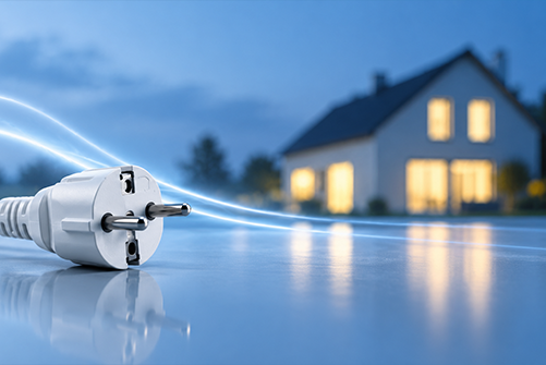 Weißer Netzstecker vor einem beleuchteten Wohnhaus mit abstrakten blauen Energielinien.