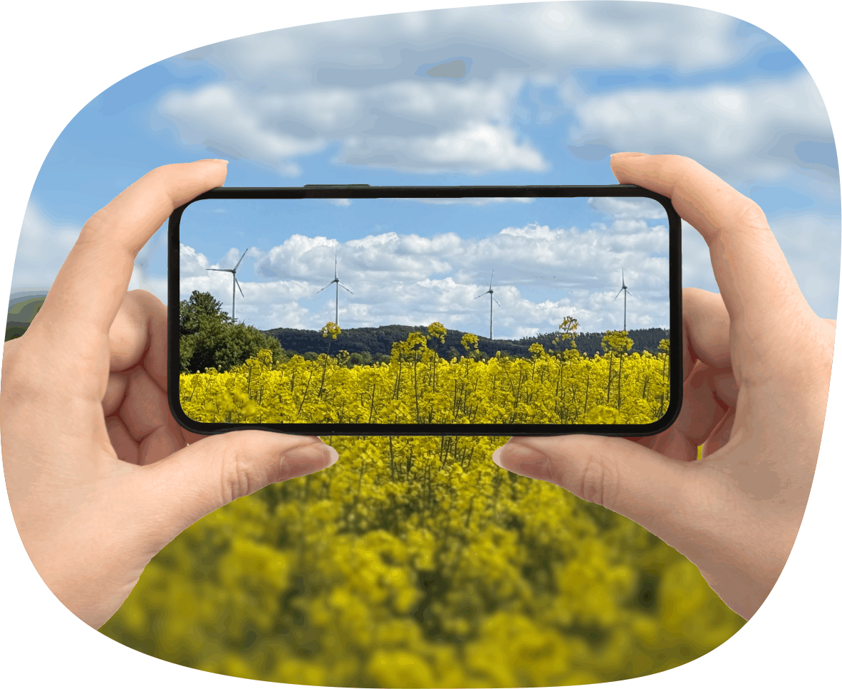Mit einem Smartphone fotografiert jemand ein Rapsfeld mit einem Windpark im Hintergrund.
