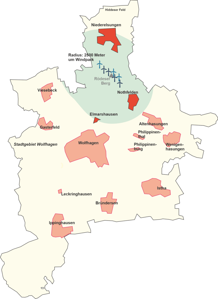 Die Karte markiert den Umkreis von 2500 Metern um den Wolfhager Windpark auf dem Stadtgebiet Wolfhagen.