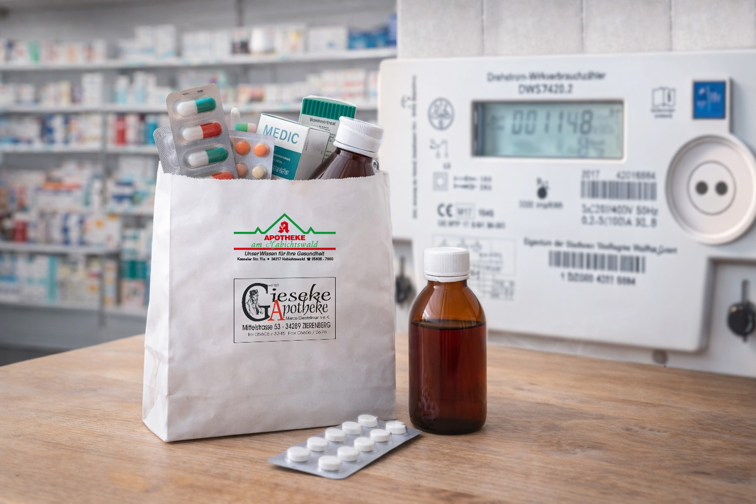 Apothekentüte mit Medikamenten vor Stromzähler in einer Apotheke