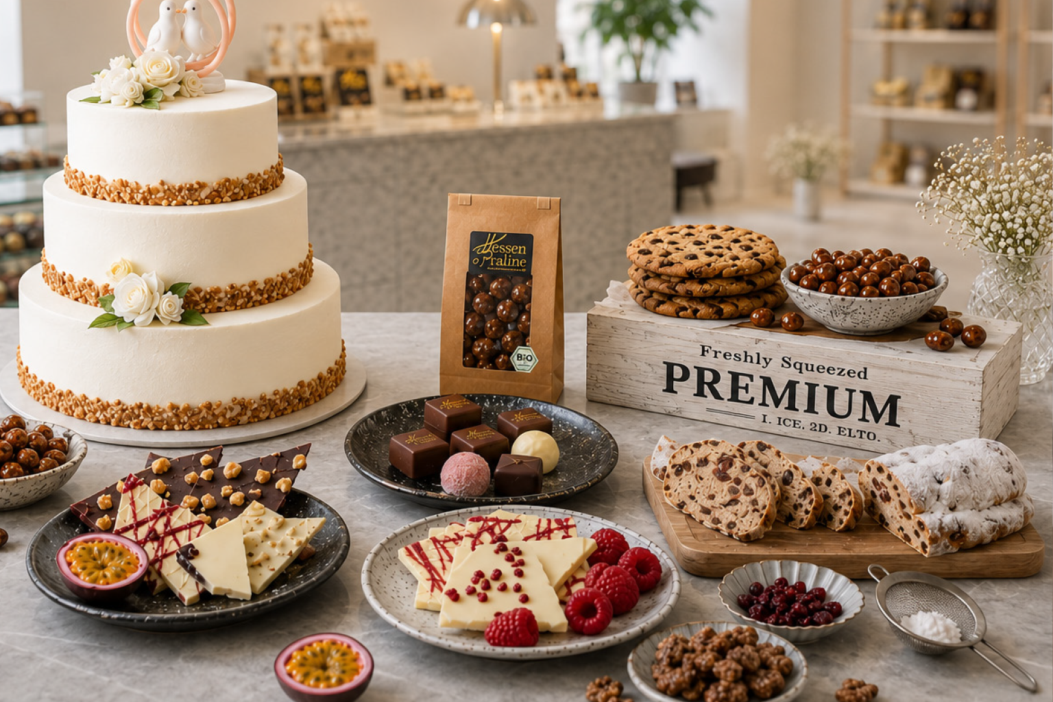 Torten, Pralinen und weitere Süßwaren der Hessenpraline in einer Patisserie