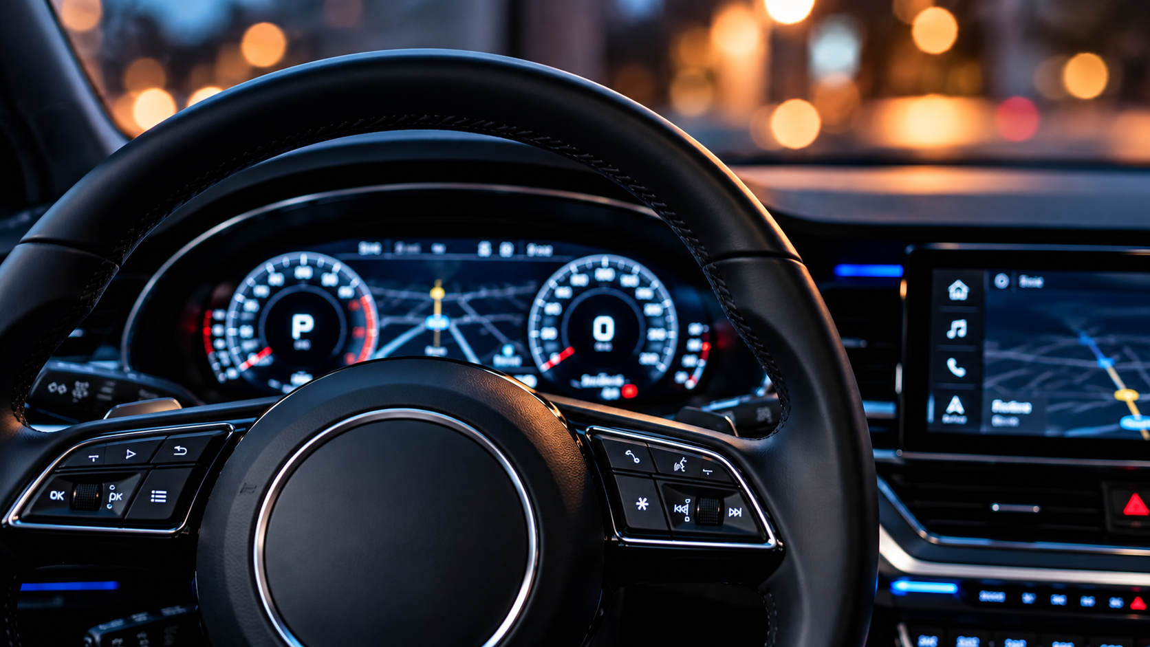 Modernes Fahrzeugcockpit mit Lenkrad, digitalen Instrumenten und Infotainment-Display