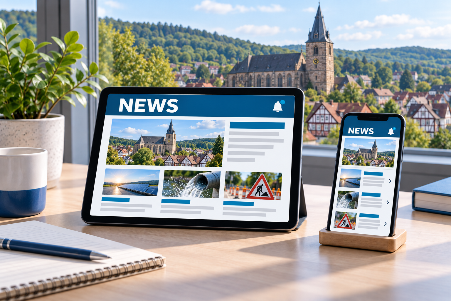 Nachrichtenansicht auf Tablet und Smartphone vor der Stadtkirche St. Anna in Wolfhagen. KI-generiert.