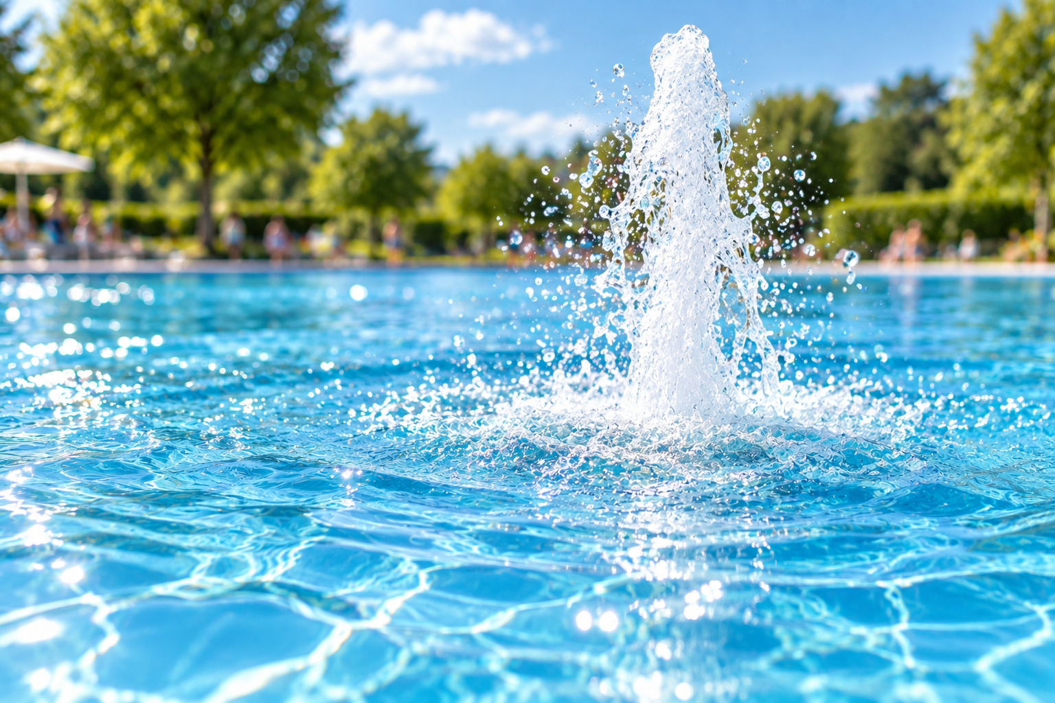 Wasserfontäne in einem Freibadbecken, im Hintergrund unscharf dargestellte Badegäste.