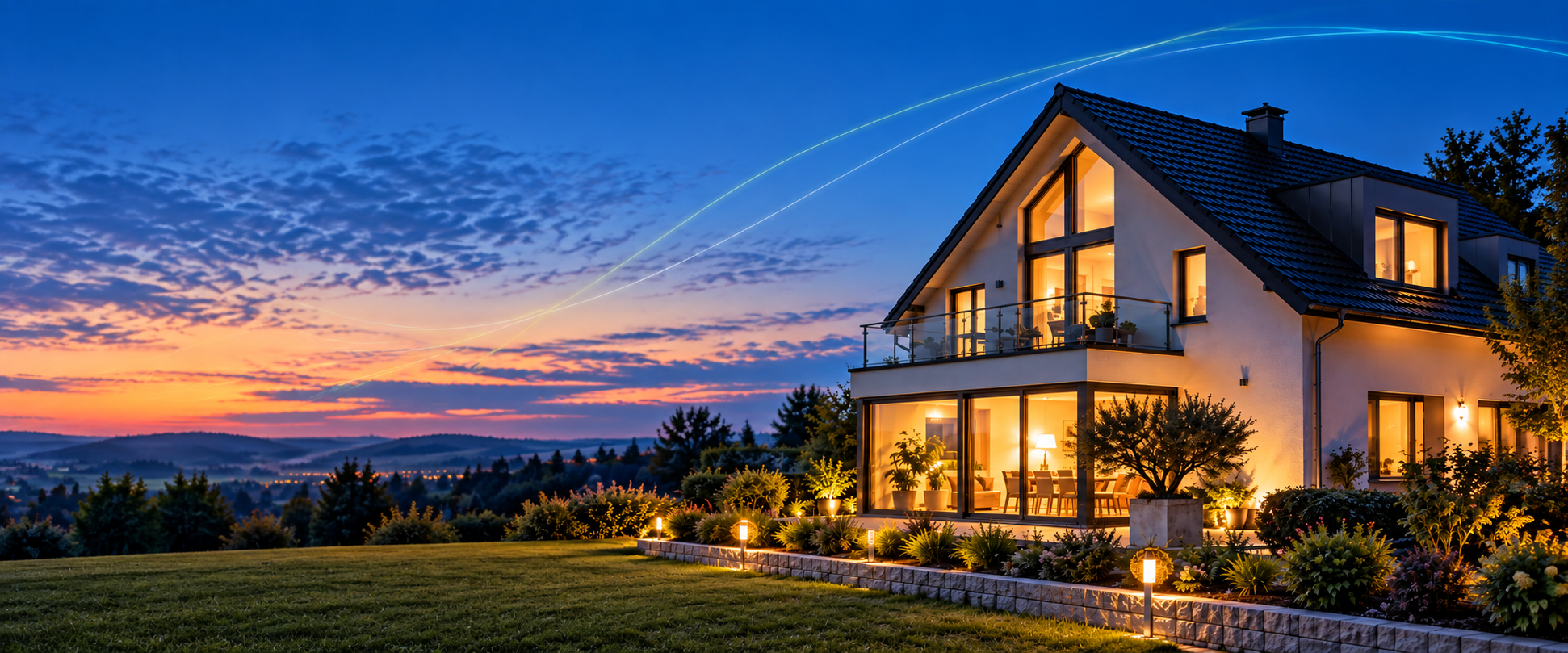 Modernes Wohnhaus mit beleuchteten Fenstern bei Sonnenuntergang. Im Hintergrund ein blauer Abendhimmel mit dezenten Energielinien.