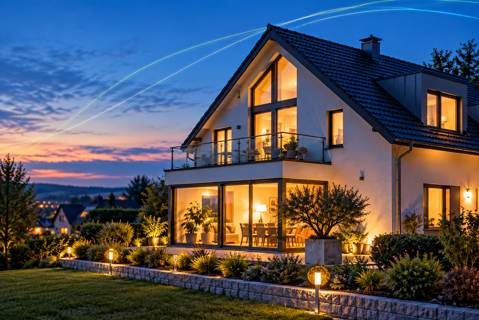 Modernes Einfamilienhaus mit großen, beleuchteten Fenstern, Balkon und Garten bei Abenddämmerung. Dezente Energielinien verlaufen über den blauen Himmel.